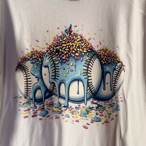 Gildan White Kids Tee with Blue Drip Baseballs and Rainbow Sprinkles